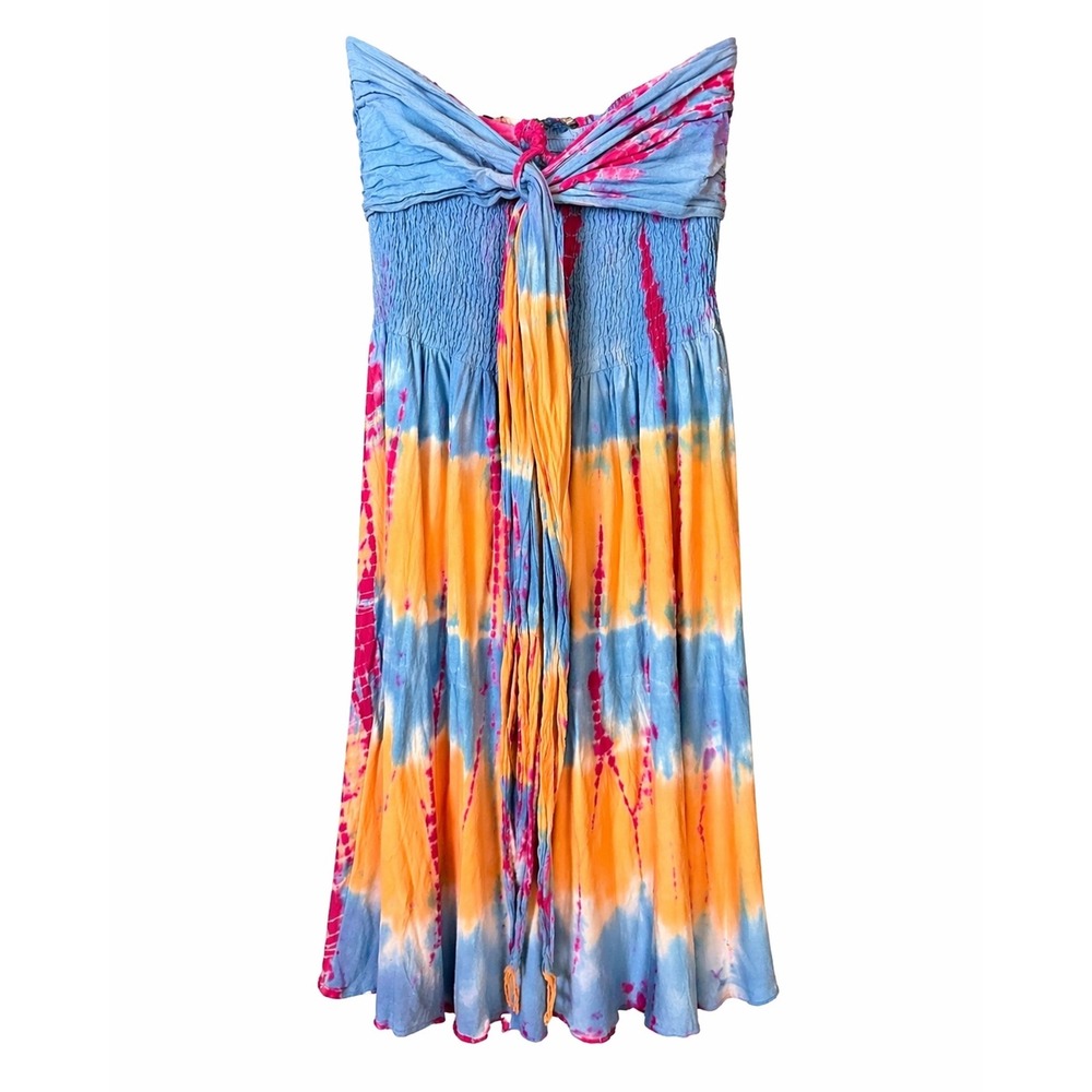 Boho Tie Dye Smocked Midi Dress Blue Orange Pink Sleeveless‎ Festival M